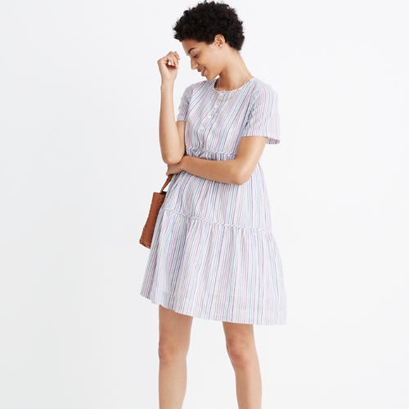 Madewell Striped Crewneck Button-Front Mini Dress Multicolored Size Medium - Picture 1 of 16